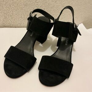 Stuart Weitzman Black Suede Block Heel Sandals with Ankle Strap size 7.5